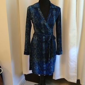 Blue python print collared wrap dress